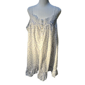 Eileen West Nightgown Womens XL Blue Floral Cotton Sleeveless Lace Trim & Ruffle